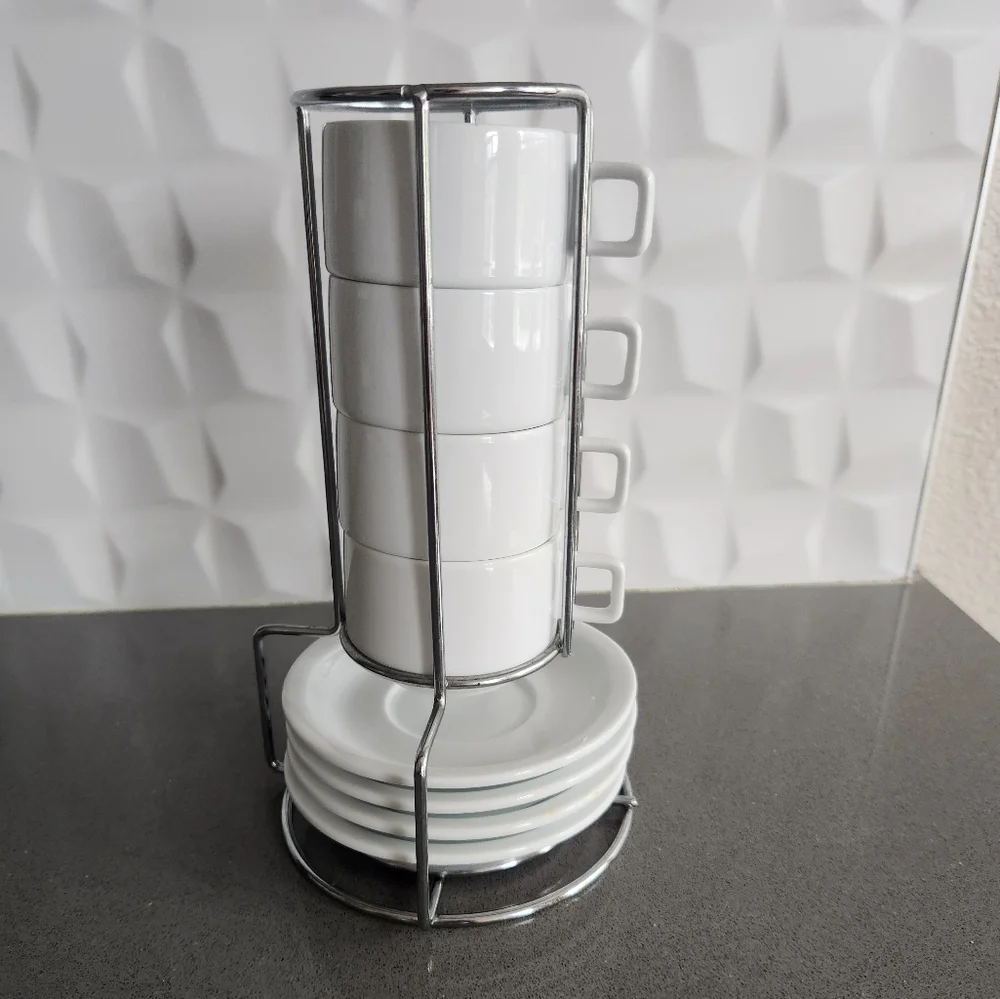 White Ceramic Espresso Cup And Saucer Set with Stand - Picture 2 of 2
